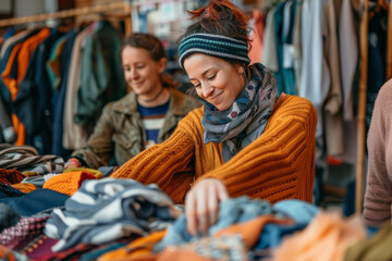 Joyful Woman Shopping for Clothes at a Thrift Store with Friends