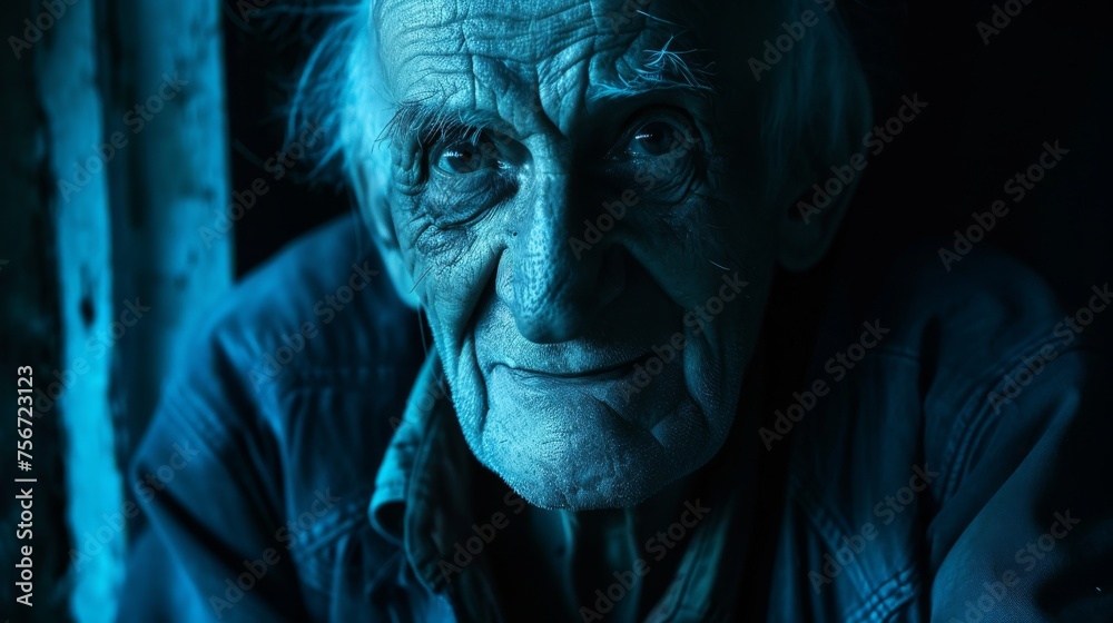 Wall mural portrait of an elderly man in a dark room