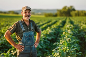 Fototapeta premium Smiling Farmer Standing Proudly in Green Field