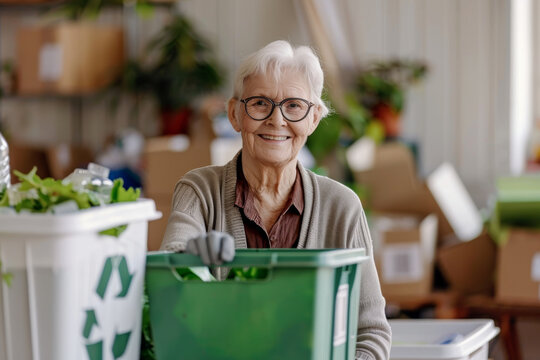 Senior Woman Smiling with Recycle Bin Indoor