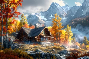 Papier Peint photo Montagnes a cozy mountain cabin, surrounded by a burst of autumn colors, capturing the simplicity and beauty of a retreat nestled in nature in 16k high resolution.
