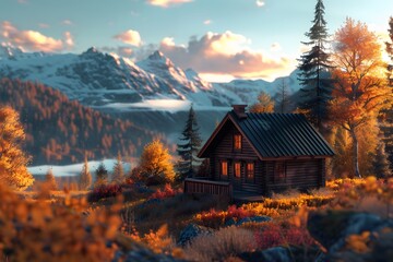 a cozy mountain cabin, surrounded by a burst of autumn colors, capturing the simplicity and beauty...