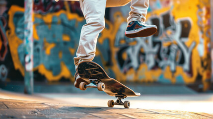Urban Skateboarding Action with Graffiti Background - obrazy, fototapety, plakaty