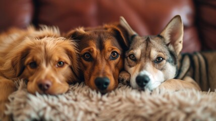 Three adorable dogs rest closely together, displaying their unique coat colors and patterns, a testament to the friendship between pets.