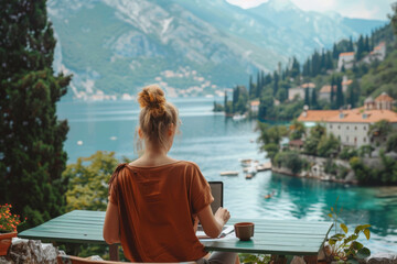 Fototapeta premium Serene Morning by the Lake: Woman Enjoying Scenic Nature View