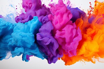 Vibrant paint splashes on white wall, abstract background for sale in stock photography