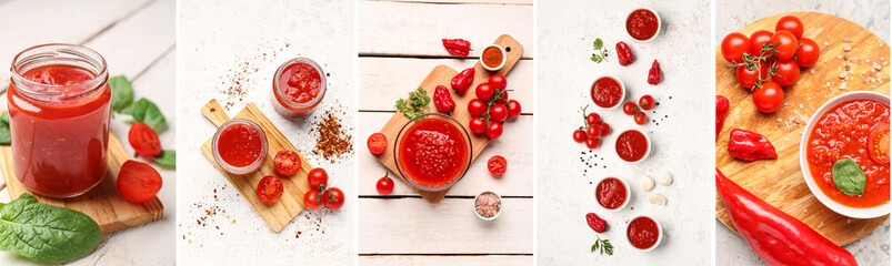 Collage of tasty tomato sauces on light background