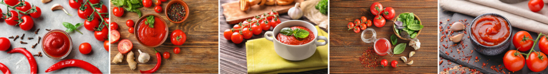 Set of tasty tomato sauces on table