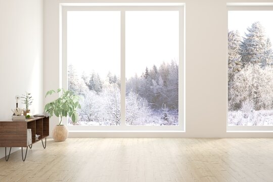 White empty room with home decor, green potted plant and winter landscape in window. Scandinavian interior design. 3D illustration