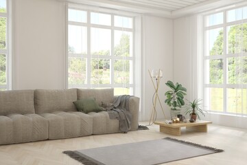 White living room with sofa and summer landscape in window. Scandinavian interior design. 3D illustration