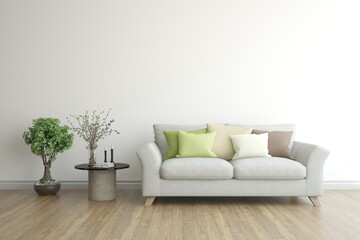 White living room with sofa and summer landscape in window. Scandinavian interior design. 3D illustration