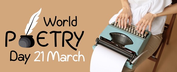 Banner for World Poetry Day with woman with vintage typewriter
