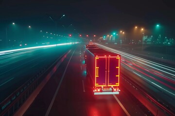 A semi truck is seen driving down a highway at night, creating light trails due to motion blur. The scene depicts transportation and logistics in action. - obrazy, fototapety, plakaty