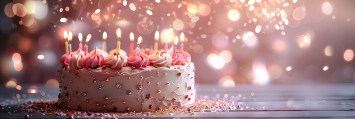 Cake with Sparklers and Pink Candles - obrazy, fototapety, plakaty
