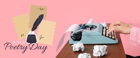 Banner for World Poetry Day with woman with vintage typewriter at table