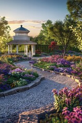 Obraz premium Spectacular Garden Pavilion Surrounded by Colorful Flower Beds in Full Bloom