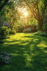 Naklejka premium Vibrant Green Grass Bathing in the Warm Golden Light of the Sunset