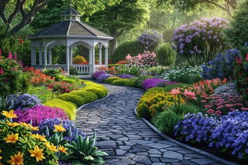 Spectacular Garden Pavilion Surrounded by Colorful Flower Beds in Full Bloom