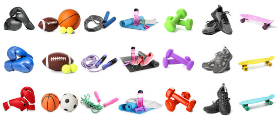 Collage of sports equipment on white background