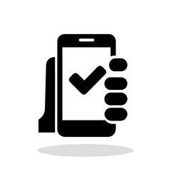 Phone icon. Black smartphone icon with a check mark. Approved symbol.