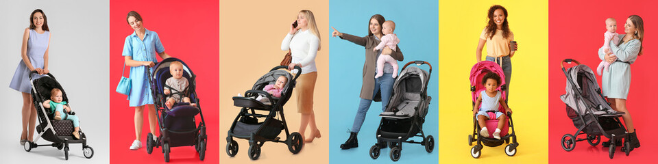 Collage of women and their babies in strollers on color background