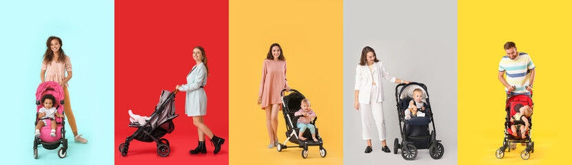 Group of parents and their babies in strollers on color background