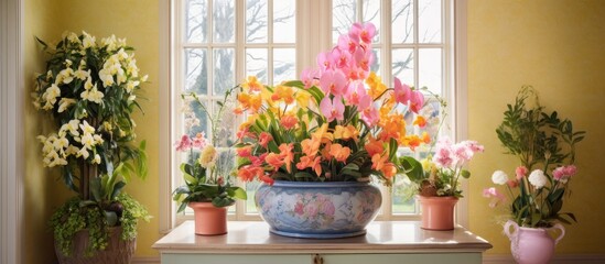 Fototapeta premium Interior design featuring a spring-themed arrangement of potted flowers.