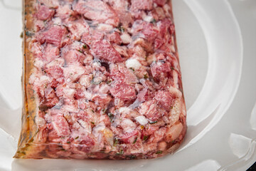 terrine meat slice pate Campagne meat loaf pork meat pie tasty fresh eating appetizer meal food snack on the table copy space food background rustic top view