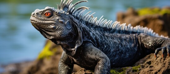 Obraz premium A black iguana, a type of iguania reptile, is perched on a rock. This terrestrial animal, also known as a dragon lizard, is a scaled reptile sharing its habitat with other wildlife