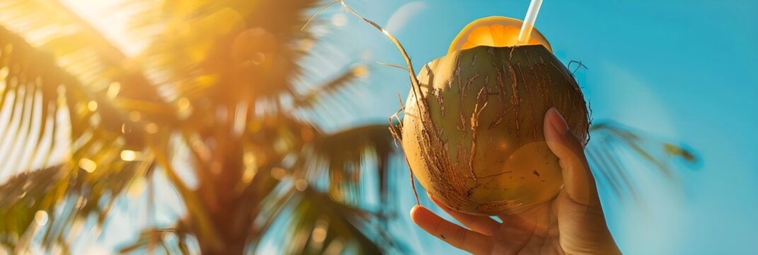 Person holding a coconut drink against tropical palm leaves. Summer drink concept. Vacation and travel. Design for banner, invitation with copy space