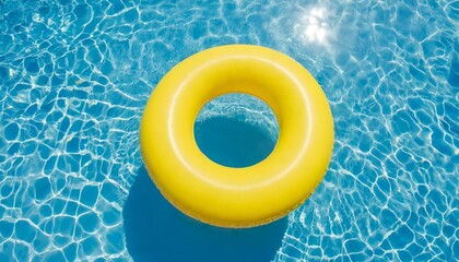  yellow swimming pool ring float in blue water. concept color summer. top view