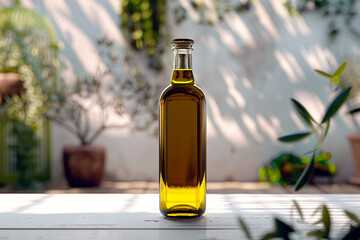 Olive oil glass bottle mock up. Clear glass bottle with olive oil on bokeh background 