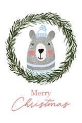 Christmas cute bear, winter holiday design greeting card with merry Christmas text