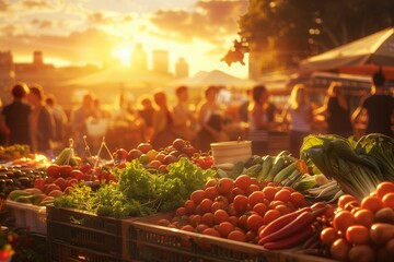 Vibrant Earth Day Celebration: Organic Vegan Street Food Market Under the Warm Glow of Sunset – Capture the essence of Earth Day with this image showcasing a bustling street food market dedicated - obrazy, fototapety, plakaty