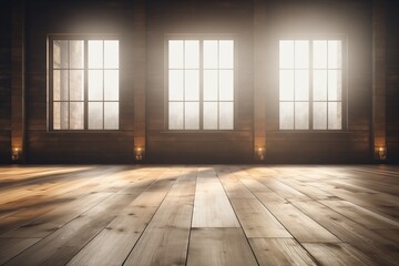 A room with three windows and a wooden floor, showcasing simplicity and space. - obrazy, fototapety, plakaty