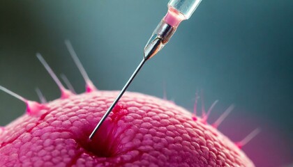 A close-up, macro image capturing a needle piercing a cancer cell, illustrating medical treatment or research at the cellular level 