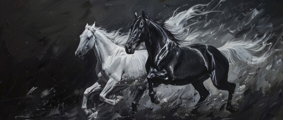 A painting depicting two horses galloping through the rain with water splashing around them.