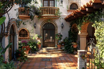 Fototapeta na wymiar a Spanish-style villa, bathed in warm sunlight, featuring vibrant tiles, wrought iron details, and a lush courtyard garden in ultra-realistic 16k resolution.