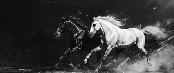 Naklejka premium A horse runs swiftly in black and white, showcasing its powerful movement and grace.