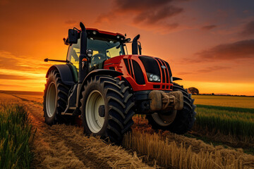 Tractor poised on the edge of a field, illuminated by the warm glow of the setting sun - obrazy, fototapety, plakaty