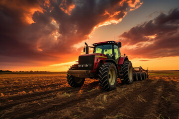 Tractor tilling the soil against a vivid sunset, showcasing the hard work and beauty of agricultural life