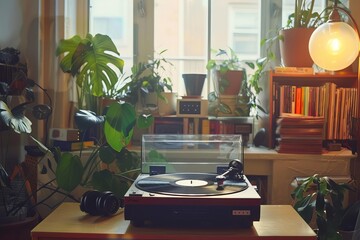Vintage scene with a classic turntable Vinyl records And headphones in a cozy room filled with plants Books And warm lighting Capturing a nostalgic music listening experience - obrazy, fototapety, plakaty