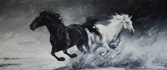 A painting portraying two horses galloping freely against a windy backdrop, showcasing their power and grace.