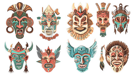 create a collection of different hand-drawn masks of an ancient tribe on a transparent background, Generative AI.  