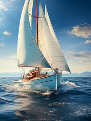 Obraz premium Regatta of sailing ships with white sails on the high seas. Aerial view of a sailboat in a windy state, Summer journey, Generative AI