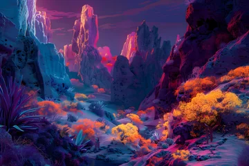 Abwaschbare Fototapete a surreal, otherworldly landscape, where vibrant colors and unique geological formations blend to create an awe-inspiring scene, immersing viewers in a cinematic 16k dreamscape. © Ghouri