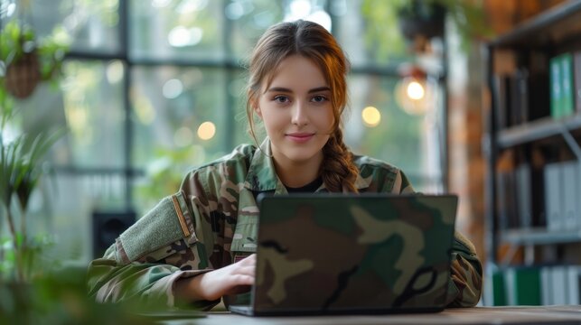 Confident female soldier in camouflage using a laptop at a cafe