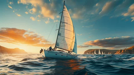 Gordijnen Regatta of sailing ships with white sails on the high seas. Aerial view of a sailboat in a windy state, Summer journey, Generative AI © Анатолий Савицкий