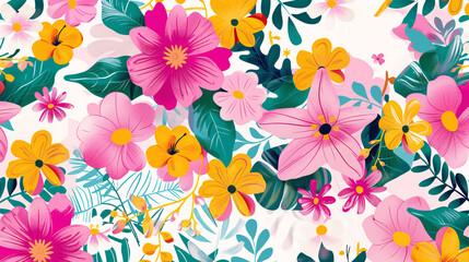 flowers and foliage colorful pattern spring summer background, Generative AI.