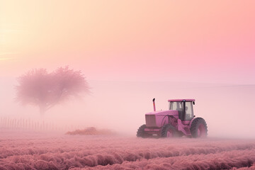 In the soft embrace of dawn, a pink tractor emerges from a misty field, blending the lines between reality and fantasy - obrazy, fototapety, plakaty